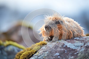 fluffy marmot on a jagged sunbathed rock