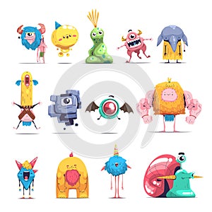 Fluffy monsters. Funny trendy monster creatures mascot, cartoon little furry beast with teeth and wings alien silly ugly
