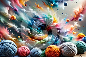 fluffy multi-colored balls of wool for knitting