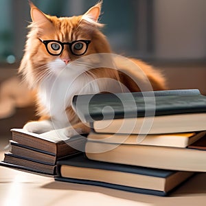 A fluffy orange cat wearing glasses and reading a tiny book5