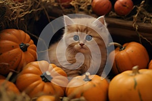 A fluffy orange kitten sitting with pumpkins in farm, cute ginger cat in autumn season and harvest festival halloween and