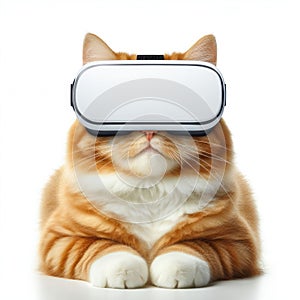 A fluffy orange tabby cat sits calmly while wearing a modern virtual reality headset, against a pure white background