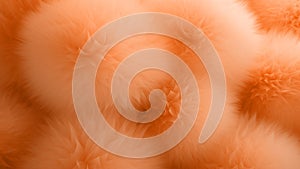 Fluffy peach fuzz color textured pompons macro shot abstract background. Modern trendy tone hue shade