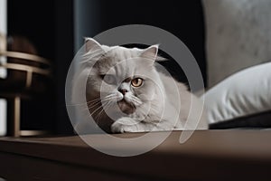 A fluffy Persian cat in a luxurious and large apartment, expressive face create a warm and inviting scene, generative ai.