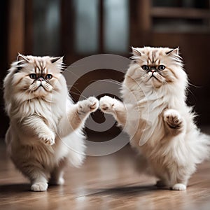 Fluffy Persian cats play with each other on their hind legs