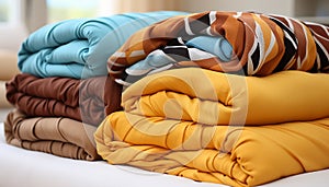 Fluffy pillow stack on comfortable bed, vibrant colors decorate bedroom generated by AI