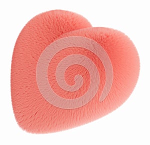 Fluffy pink 3D shape, isolated on white background. Furry, soft and hairy heart. Trendy, cute design element. Cut out