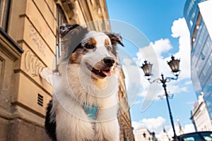 Fluffy purebreed aussie dog in sky background. Animal care