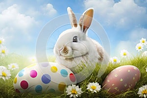 Fluffy rabbit peeks out of a big chocolate egg in a field of green grass and daisies, festival background, easter banner, pascal