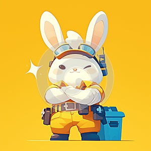 A fluffy rabbit sanitation worker cartoon style