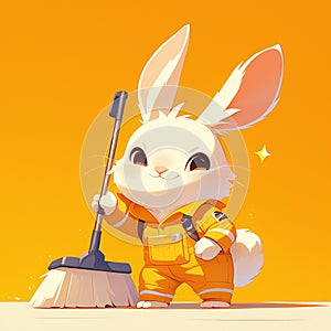 A fluffy rabbit sanitation worker cartoon style