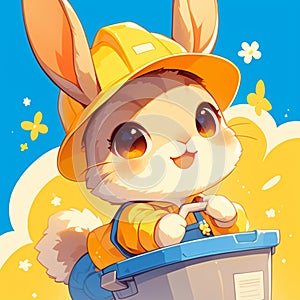 A fluffy rabbit sanitation worker cartoon style