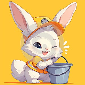 A fluffy rabbit sanitation worker cartoon style