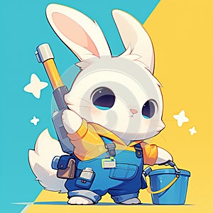 A fluffy rabbit sanitation worker cartoon style