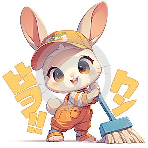 A fluffy rabbit sanitation worker cartoon style