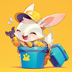 A fluffy rabbit sanitation worker cartoon style