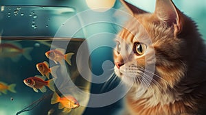 A fluffy red cat looks at fish in an aquarium, evening. Kitten and goldfish