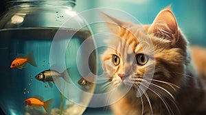 A fluffy red cat looks at fish in an aquarium, evening. Kitten and goldfish