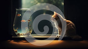 A fluffy red cat looks at fish in an aquarium, evening. Kitten and goldfish