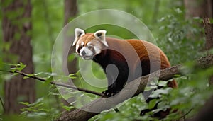 Fluffy red fox sitting on green grass generated by AI
