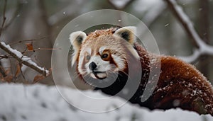 Fluffy red fox sitting on snowy branch generated by AI