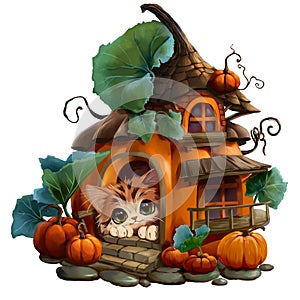 A fluffy red kitten peeks out of a pumpkin house