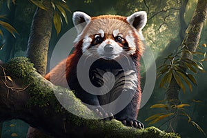 Fluffy red panda with a mischievous expression climbing a tall tree in a lush bamboo forest
