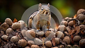 Fluffy rodent eating fruit on tree branch in autumn forest generated by AI