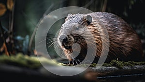 Fluffy rodent sitting on branch, eating nutria generated by AI