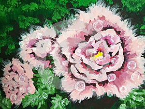 Fluffy rosses on green background with imitating leafes