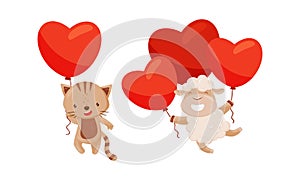 Fluffy Sheep and Cat Holding Red Heart Shaped Toy Balloon Vector Set