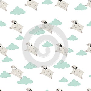 Fluffy Sheep in the Dreamland Flat Vector Illustration Pattern