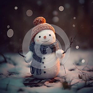 Fluffy snowman in a fairy forest. Generative AI