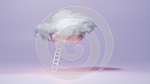 Fluffy soft white cloud, like cotton candy, on purple isolated background. Stairway to sky. Conceptual art, creative