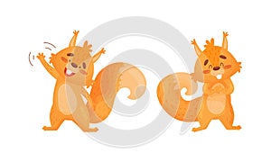 Fluffy Squirrel Character Waving Paw and Smiling Vector Set