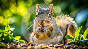 Fluffy Squirrel Delights in a Nature Snacking Spree A CloseUp of a BushyTailed Nut Enthusiast photo