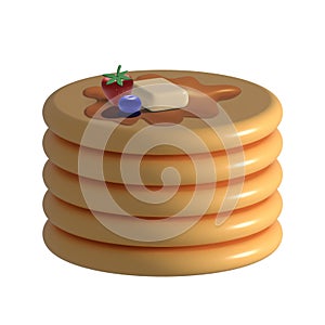 Fluffy stack of pancakes with maple syrup, butter and fresh fruit on white background 3d illustration