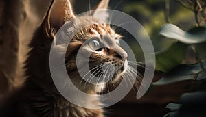 Fluffy striped kitten staring outdoors with alertness generated by AI