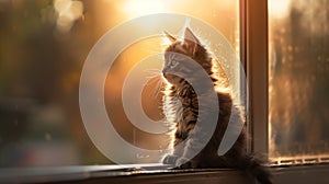 Fluffy tabby kitten enjoys the warm golden glow of a setting sun by a window, feeling the serene ambiance