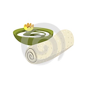 Fluffy terry towel, green ceramic bowl with water and yellow flower. Cartoon vector items for spa or relaxing bath