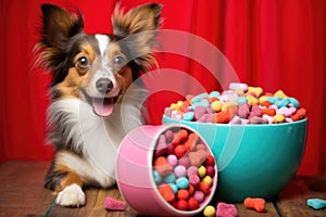 a fluffy toy terrier next to a red bowl filled with colorful dog treats