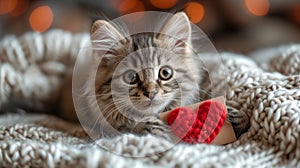 A fluffy Valentine's Day gift. Cute fluffy kitten playing With Red Heart Valentine's card on white plaid