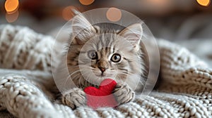 A fluffy Valentine's Day gift. Cute fluffy kitten playing With Red Heart Valentine's card on white plaid