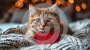 A fluffy Valentine's Day gift. Cute fluffy kitten playing With Red Heart Valentine's card on white plaid