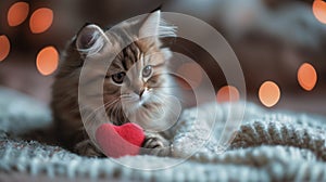 A fluffy Valentine's Day gift. Cute fluffy kitten playing With Red Heart Valentine's card on white plaid