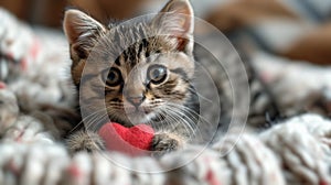 A fluffy Valentine's Day gift. Cute fluffy kitten playing With Red Heart Valentine's card on white plaid