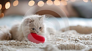 A fluffy Valentine's Day gift. Cute fluffy white kitten playing With Red Heart Valentine's card on white