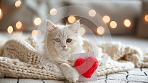 A fluffy Valentine's Day gift. Cute fluffy white kitten playing With Red Heart Valentine's card on white