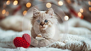 A fluffy Valentine's Day gift. Cute fluffy white kitten playing With Red Heart Valentine's card on white