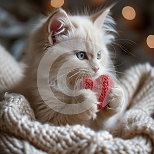 A fluffy Valentine's Day gift. Cute fluffy white kitten playing With Red Heart Valentine's card on white